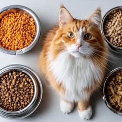 Ginger and White Cat Surrounded by Bowls of Dry Food, Looking Up with Anticipation and Long Whiskers.