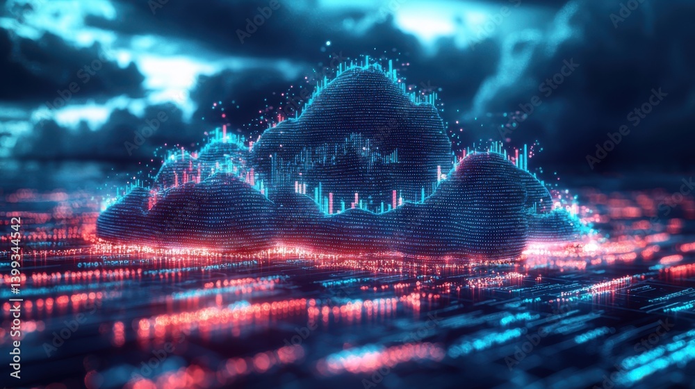 Poster a vibrant digital cloud representation with glowing data patterns, symbolizing technology and data c