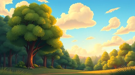 Cartoon background for game and animation. Green forest with blue sky and clouds. Landscape