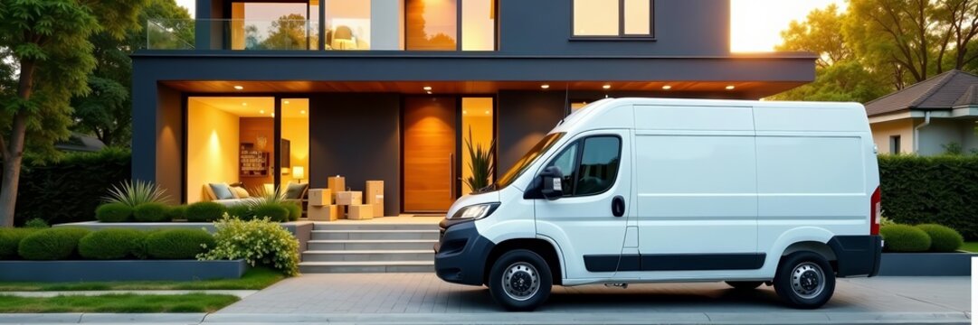 White delivery van parked in front of modern house with packages on doorstep, packages, transportation