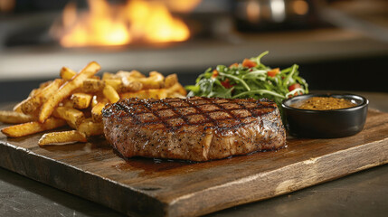 Grilled Steak Served with Crispy Fries and Fresh Salad on a Wooden Board with Flames in Background