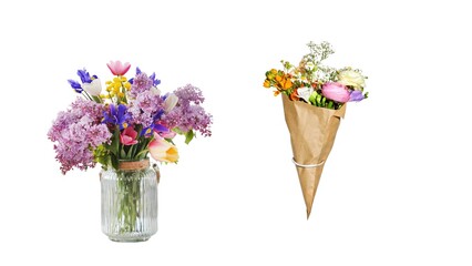 Two beautiful flower bouquets isolated on white background, perfect for design projects, greeting cards, wedding decor, or spring-themed visuals with copy space.