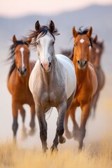 Naklejka premium Wild horses running through a field at sunset