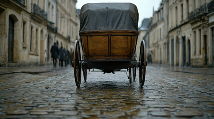 Vintage Horse-Drawn Carriage on Cobblestone Street in Historic European Town