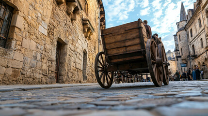 Obraz premium Old Wooden Cart on Cobblestone Street in Historic European Village During Sunny Day