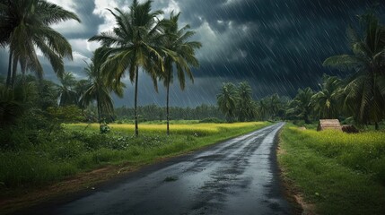 Beautiful road in the middle of farm fields, coconut trees on both sides, dark clouds and rain in the sky