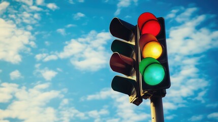 Close-up photo of a traffic light showing red, green, and yellow lights against a blue sky background