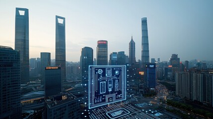 Aerial view of a modern high rise cityscape with towering skyscrapers digital screens and technological infrastructure at night