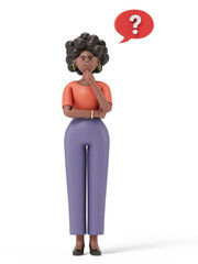 woman with a question mark, symbolizing confusion or seeking answers. 3D rendering, conceptual image. Isolated on white background.