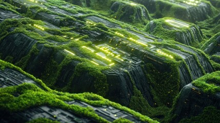 A futuristic view of pulsing glowing circuits beneath a rich green rock layer covered in moss background wallpaper AI generated image