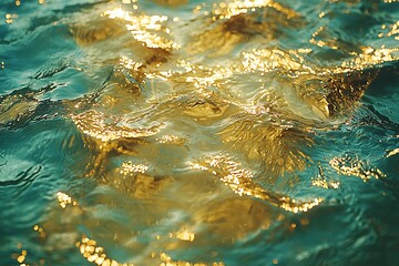 Reflective water surface displaying product reflection, soft overhead light, rippled texture, shallow depth of field, natural elegance.