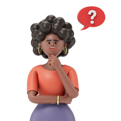 woman with a question mark, symbolizing confusion or seeking answers. 3D rendering, conceptual image. Isolated on white background.