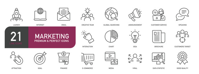 Set of line icons related to fmarketing, advertising, business, commerce. Outline icons collection. Editable stroke. Vector illustration