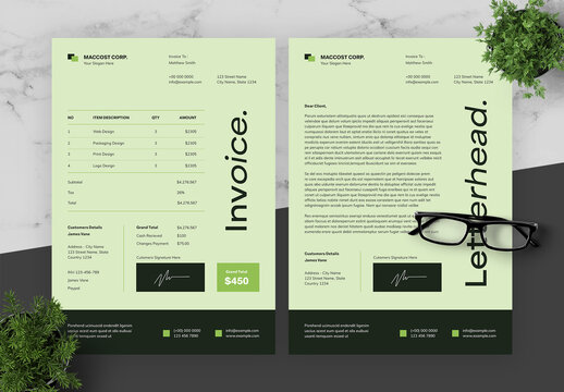 Green And Black Invoice And Letterhead