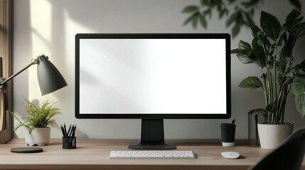 A modern workspace featuring a blank computer screen, potted plants, and a minimalist aesthetic.