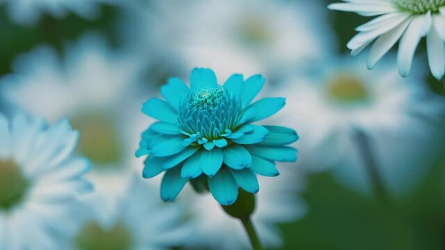 Dolly video in a luxurious mono asters wall with one bright teal aster among white asters, delicate blooms with no empty spaces, ambient light with subtle backlighting