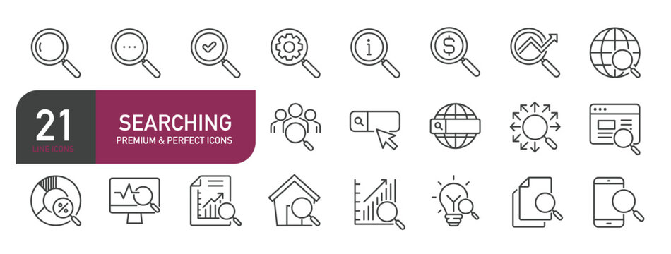 Set of line icons related to search, magnifying glass, research, zoom. Outline icons collection. Editable stroke. Vector illustration