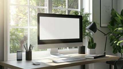 A modern home office workspace by a sunny window.