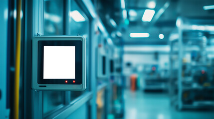 Digital sensor panel with blank screen monitoring temperature and humidity in a modern high-tech industrial facility, Concept of automation, smart factory and industrial IoT