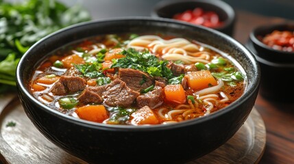 Delicious beef noodle soup in a bowl, garnished with fresh herbs, on a wooden table with spices in background