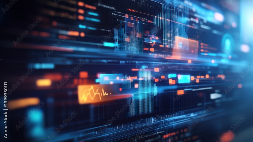 Poster an abstract digital interface with vibrant lines and data visualizations, showcasing modern technolo