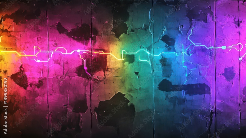 Wall mural broken background with electric neon circuit pattern glowing in different colors, wallpaper ai gener