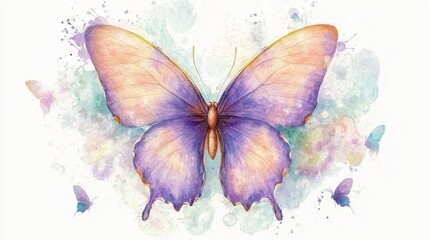 A beautiful ethereal watercolor painting depicting a vibrant colorful butterfly with delicate translucent wings in flight against a serene softly blurred background