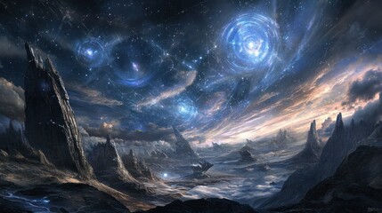 Fototapeta premium A futuristic cybernetic parallel reality where the sky is covered by digital constellations and data streams. background wallpaper AI generated image