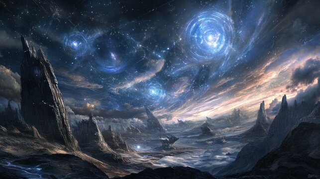 A futuristic cybernetic parallel reality where the sky is covered by digital constellations and data streams. background wallpaper AI generated image