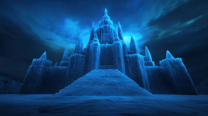 Majestic Frozen Castle under Dark Blue Sky with Intricate Ice Spires and Frosty Details