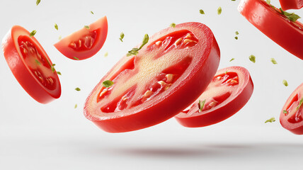 Flying tomato slices with herbs on white background in levitation food photography style