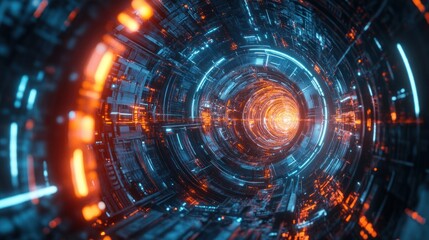 Obraz premium The futuristic reactor core is an intricate network of rotating cybernetic rings and neon trails. background wallpaper AI generated image