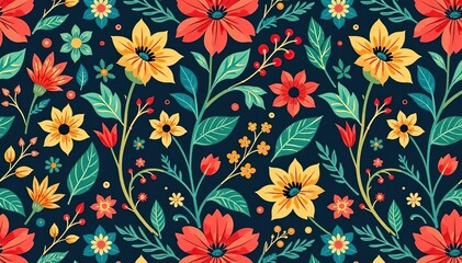 Intricate floral and leaf motifs in vibrant colors form a lively interior design seamless pattern , artwork, illustration