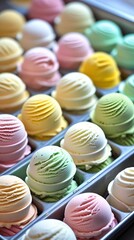 Obraz premium Assortment of pastel-colored ice cream scoops neatly arranged in a metal tray, showcasing a variety of flavors in a vibrant and appetizing presentation for dessert concepts