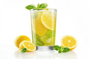 Fototapeta premium Refreshing, bubbly lemon and basil beverage