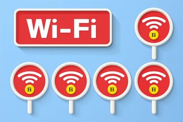 A colorful illustration featuring Wi-Fi signals on lollipop-like signs against a blue background, emphasizing connectivity and technology.