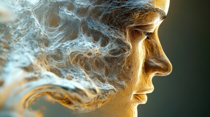 A surreal depiction of a face merging with ethereal wisps, symbolizing thoughts and emotions intertwined in a dreamlike state.