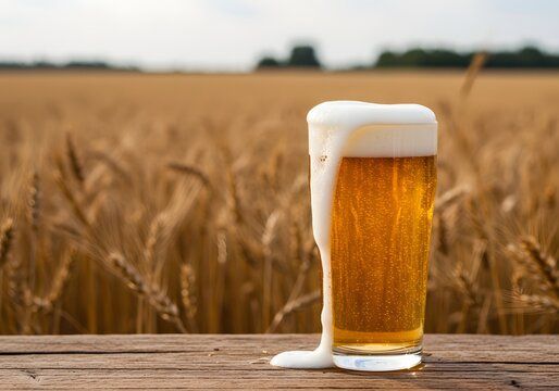 glass of beer on green background, glass of beer with foam, Golden barley, beer with overflowing foam