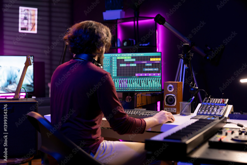 Poster Sound engineer working in his home studio with daw software on computer and mixing tools, creating music. Producer mixing and mastering soundtracks, signal processing acoustical engineering.