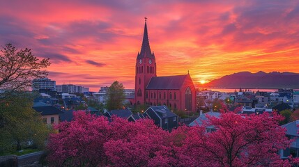 Vibrant sunset over a city with a church and blossoming trees.