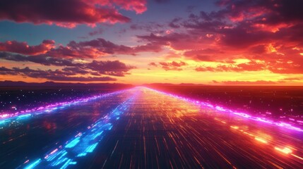 Beautiful sunset sky with futuristic glowing paths stretching across, background wallpaper AI generated image