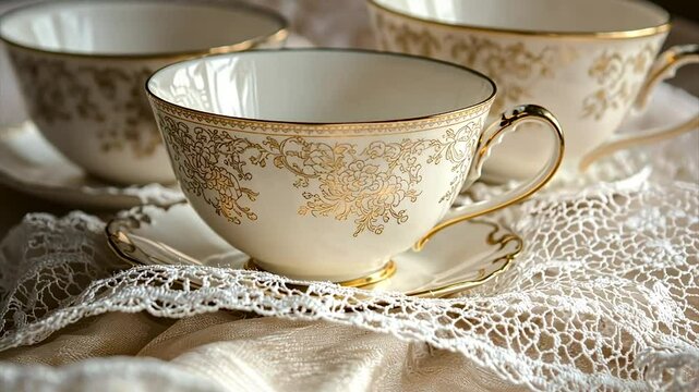 Elegant cream teacups with gold detailing, resting on delicate lace