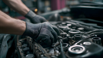 Close up shot of a mechanic working on a car engine with safety gloves