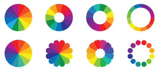 Color wheel set. Color wheel guide. Color wheel palette circles vector template. Rainbow palette. Color wheel with 12 colors in gradiation, illustration isolated on white background.