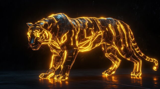 A futuristic tiger with gold neon circuits shining along its fur. background wallpaper AI generated image