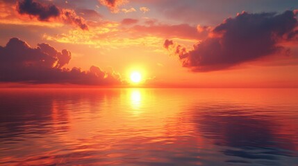Fototapeta premium A stunning sunset over a calm ocean, with vibrant hues of orange, pink, and purple reflecting on the water's surface.