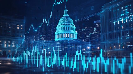 US Capitol Building at Night with Stock Market Data Overlay
