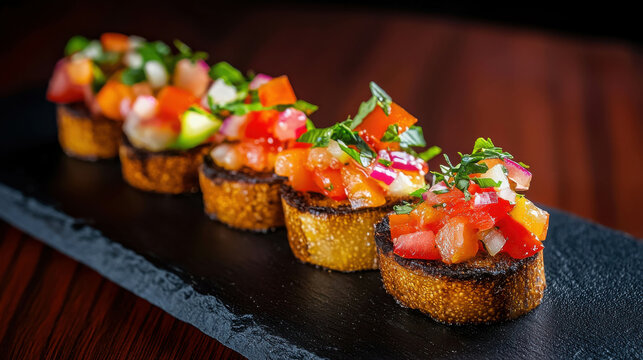 Delicious gourmet appetizer featuring fresh salsa on crispy base in modern dining setting