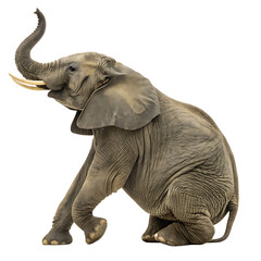 Obraz premium An elephant kneeling slightly while reaching with its trunk for food, displaying its graceful strength and gentleness
