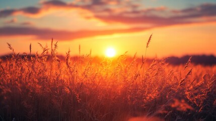 Naklejka premium A serene sunset casts a warm glow over a field of tall grass, creating a tranquil and picturesque scene in nature.